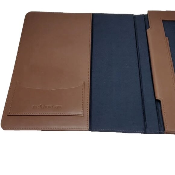 NEW POLO RALPH LAUREN Patchwork Madras Plaid & Leather Tablet Cover!  Navy Brown - Picture 3 of 6